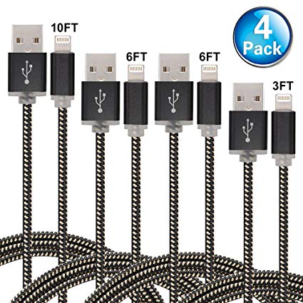 Aasama Phone Cable 4 Pack 3FT 6FT 6FT 10FT Nylon Braided to USB iPhone Charger Cord Compatible with iPhone iPad and iPod (Black in Gold)
