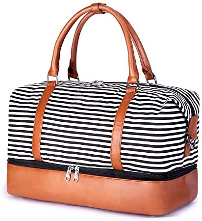 SUVOM Women Weekend Bag Canvas Overnight Travel Tote Bag Carry on Shoulder Duffel Bag With PU Leather Strap (Black & White Thin Stripe with shoe compartment)