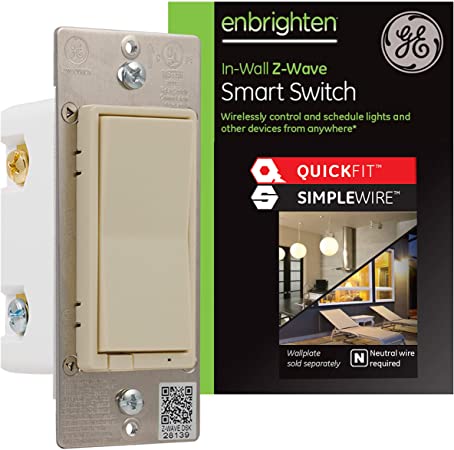 GE Enbrighten Z-Wave Plus Smart Light Switch with QuickFit and SimpleWire, 3-Way Ready, Works with Alexa, Google Assistant, ZWave Hub Required, Repeater/Range Extender, Light Almond, 47335