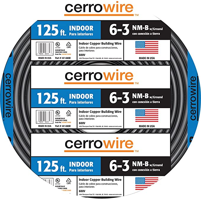 Cerrowire 147-4203D 125-Feet 6/3 NM-B Stranded with Ground Wire, Black