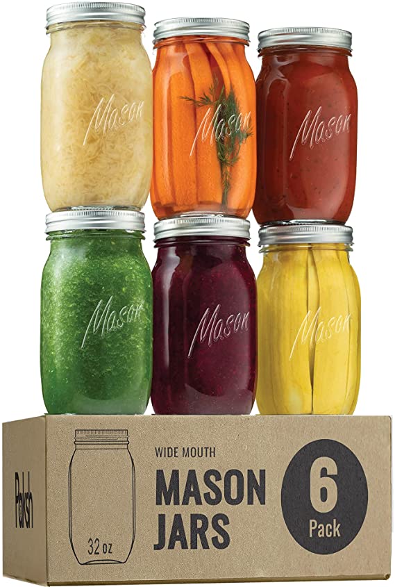 Wide-Mouth Glass Mason Jars, 32-Ounce (6-Pack) Glass Canning Jars with Silver Metal Airtight Lids and Bands with Chalkboard Labels, for Canning, Preserving, Meal Prep, Overnight Oats, Jam, Jelly,