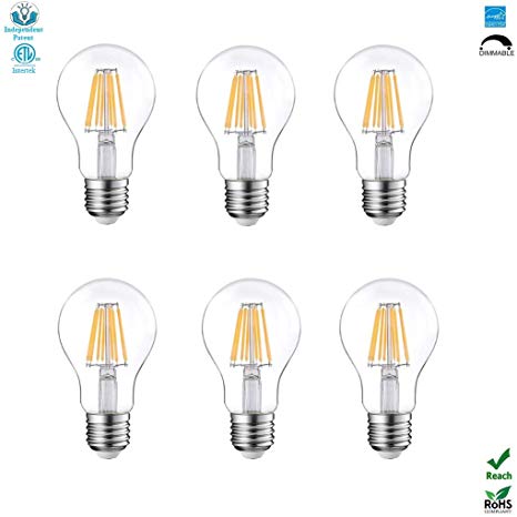 A19(A60) Dimmable LED Edison Light Bulb Filament Vintage E26 Base 6.5Watt(60W Equivalent) For Home Outdoor:2700K,Warm White,810lm, CRI&gt;80cri,Screw Clear Glass,ETL&Energy Star&ERP&ROHS Listed