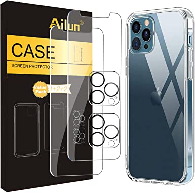 Ailun Case Compatible for iPhone 12 Pro Max[6.7 inch] with [2 x Glass Screen Protector   2 Pack Camera Lens Protector] Shock Absorption Bumper TPU Clear Cover, Anti Scratch/Fingerprint/Oil Stain Back Cover Crystal Clear