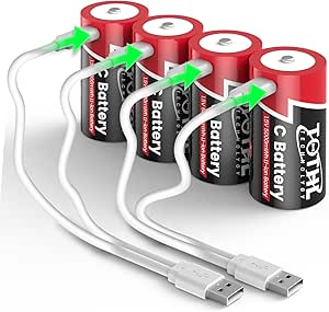 4 Pack Rechargeable Lithium C Batteries with 2 in 1 USB-C Charge Cable, C Cell Li-ion Battries,LR14 1.5V C Size Cell Battery Replacement 5000mWh for Floodlight Toys