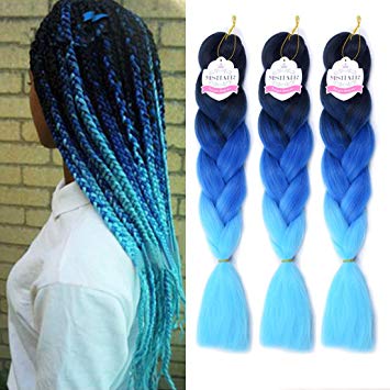 MSHAIR Ombre Jumbo Braiding Hair Extension Synthetic Kanekalon Fiber for Twist Braiding Hair Black/Blue/Light Blue Color 24 Inch 3 Pieces/lot