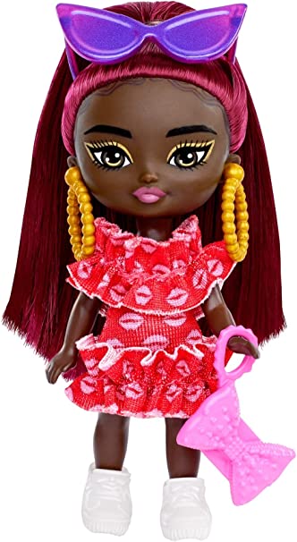 ​Barbie Doll, Barbie Extra Mini Minis Doll With Burgundy Hair And Sunglasses, Red Ruffle Dress, Clothes And Accessories​