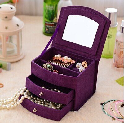 Sallyfashion Sector Three-layer Lint Jewelry Box with Drawers Purple