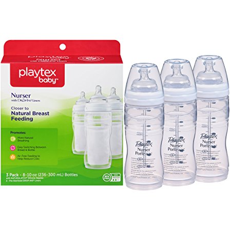 Playtex Baby Nurser Baby Bottle with Drop-Ins Disposable Liners, Closer to Breastfeeding, 8 Ounce - 3 Pack