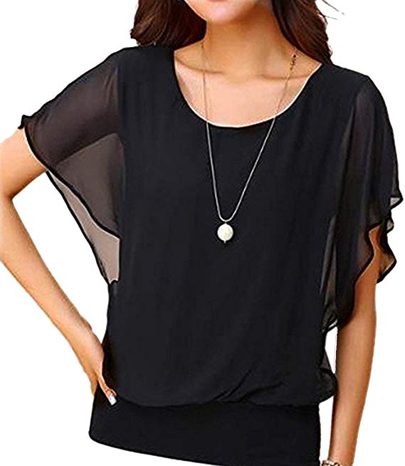 Hount Womens Casual Loose Chiffon Blouses Scoop Neck Short Sleeve Tops Shirts