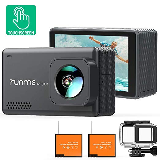 Runme R3 4K Action Camera Touch Screen 16MP Adjustable Wide Angle Waterproof Camcorder, Sports Camera with Accessories Kit & 2 Batteries (Black)