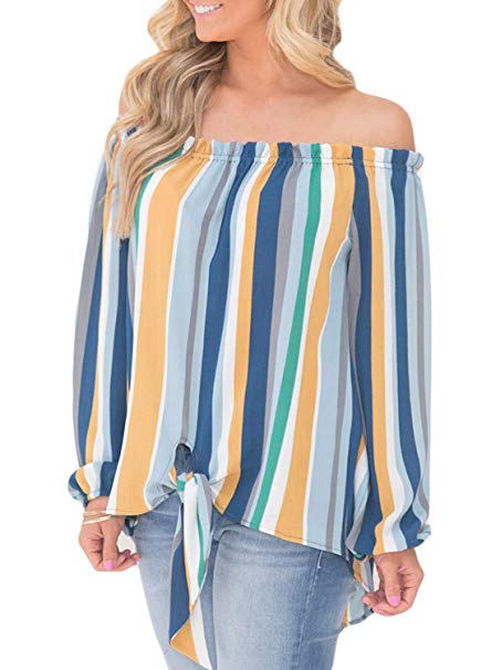 FARYSAYS Women's Striped 3/4 Bell Sleeve Off The Shoulder Front Tie Knot T Shirt Tops Blouse