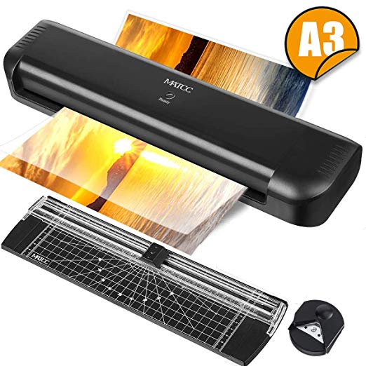 Laminator A3 A4 MATCC Thermal Laminator Machines up to 250mic with Trimmer/Corner Rounder Machine 2 Rollers Quick Warm-up Laminator for Home, School, Office Use, Black