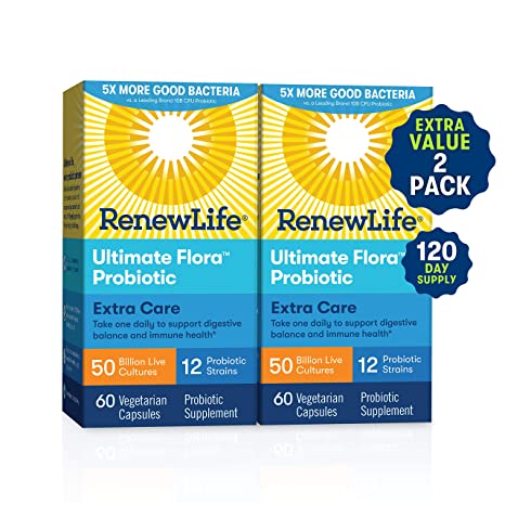 Renew Life Adult Probiotics 50 Billion CFU Guaranteed, 12 Strains, for Men & Women, Shelf Stable, Gluten Dairy & Soy Free, 60 Capsules, Ultimate Flora Extra Care (Pack of 2)