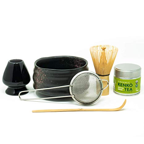 Kenko Tea Matcha Tea Ceremonial Set with Bowl, Bamboo Whisk, Bamboo Scoop. Whisk Stand and Sifter. Comes with 30g Organic Ceremonial Matcha