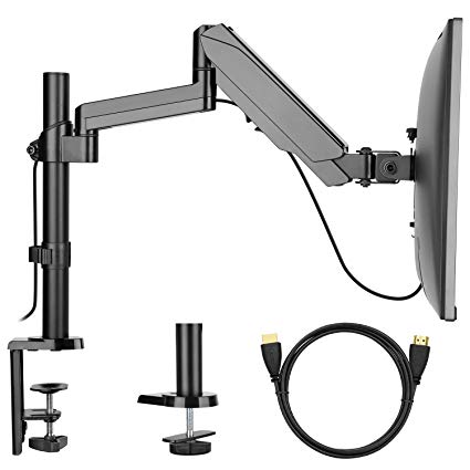 Monitor Mount Stand - Adjustable Single Arm Desk VESA Mount with Clamp, Grommet Base, HDMI Cable for LCD LED Screens up to 32 inch, Gas Spring Articulating Full Motion Arm Holds up to 17.6lbs