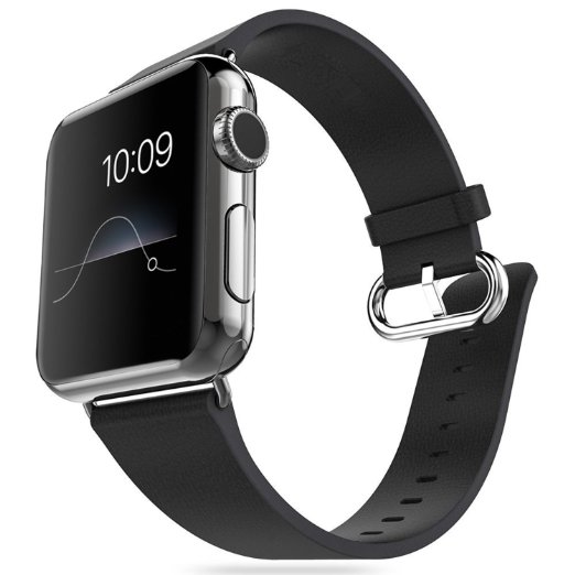 Apple Watch Band JampD Modern Series 38mm Genuine Leather Strap Wrist Band Replacement w Metal Clasp Adapter for Apple Watch All Models 38mm Black