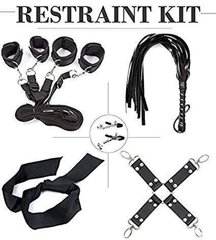 Handcuffs Set (5 in 1) - Black Handcuffs Kit for Women Men - Adjustable Wrist Ankle Hand Cuffs - an Interesting Gift Idea