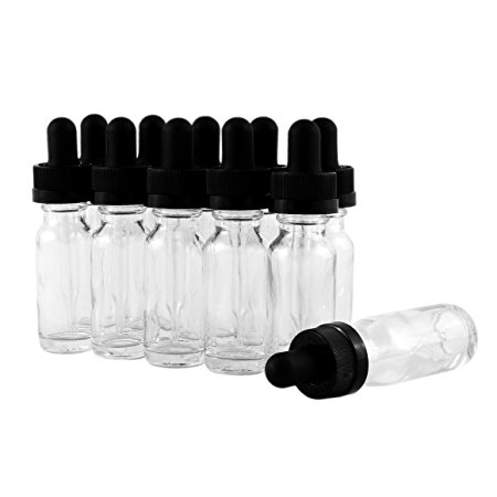 Clear ½ Oz Glass Dropper Bottles (12 pack), 15ml Transparent Dropper Bottles with Glass Eye Droppers for Essential Oils, Aromatherapy, Lab Chemicals, Perfumes, or Medicines