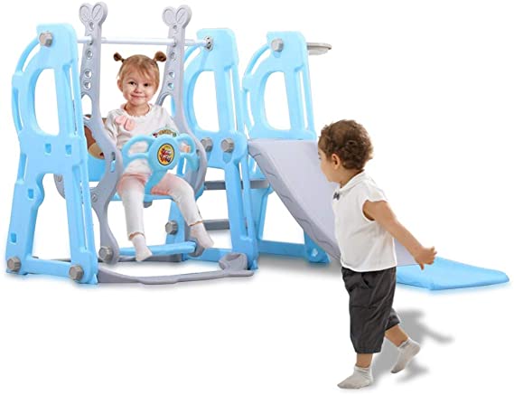 Toddler Climber and Swing Set, Mosunx 3 in 1 Climber Slide Playset w/Basketball Hoop, Swing, Easy Climb Stairs, Kids Playset for Both Indoors & Backyard (Blue - 3 in 1 Playset E)
