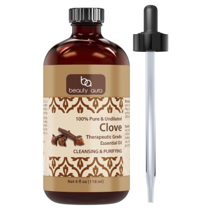 Beauty Aura Clove Essential Oil * 4 Oz. Bottle * Pure Therapeutic Grade Cloves oil Aromatherapy, Hair Care, Skin Care & Natural Remedies