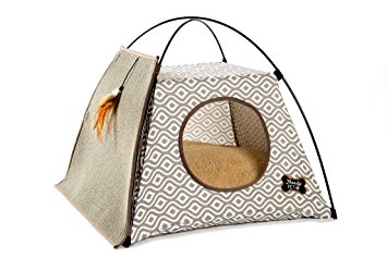Trendy Pet Cat Tent with Attached Cat Scratcher | Removable Bolstered Microfiber Pillow - 21in x 21in x 18.5in