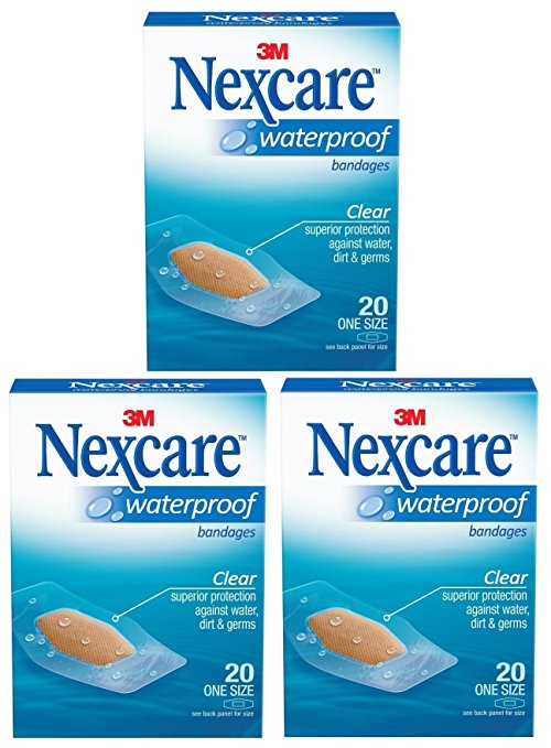 Nexcare Waterproof Clear Bandage, One Size, 20 Count Package (Pack of 3)