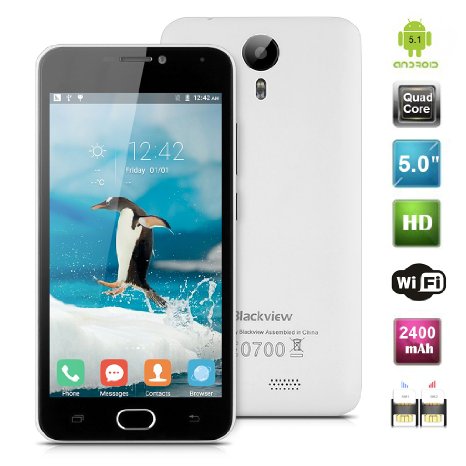 Blackview BV2000 5.0'' Android 5.1 Dual SIM Unlocked 4G FDD-LTE Smartphone - 1GB/8GB MT6735P Quad Cores 3G WCDMA Cellphone 1280*720 Dual Cameras Hotspot WIFI GPS SIM-Free Phablet (White)