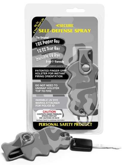 Secure 3-in-1® 1/2 oz. Max Strength 10% OC, 1% CS Tear Gas, UV Dye Self Defense Pepper Spray w/QuickFire Holster, Black Cammo - Tested Up To 4.4 Times More Potent - CANNOT BE SHIPPED TO NEW YORK