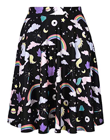 HDE Fun Printed Skater Skirts Flared Midi High Waist for Women