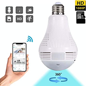 Dekugaa Light Bulb Camera, HD 1080P-WiFi 360°2.4GHz Wireless Security IP Panoramic Dome Camera, with Infrared Motion Detection, Night Vision, Alarm, Suitable for Baby, Office, Pet Monitor