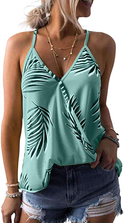 Dokotoo Womens V Neck Camisole Leaf Print Tanks Tops and Blouse S-XXL