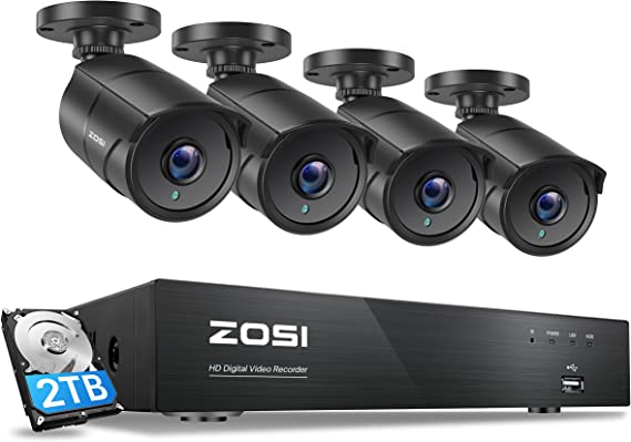 ZOSI 4K Ultra HD Home Security Camera System Outdoor Indoor, H.265  4CH 4K DVR with 2TB HDD for 24-7 Recording and 4 x 4K/8MP CCTV Bullet Camera, 150ft Night Vision, Remote Access, Motion Alert Push