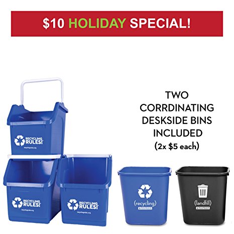 Blue Stackable Recycling Bin Container with Handle 6 Gallon - 3 Pack of Bins   2 Deskside Bins