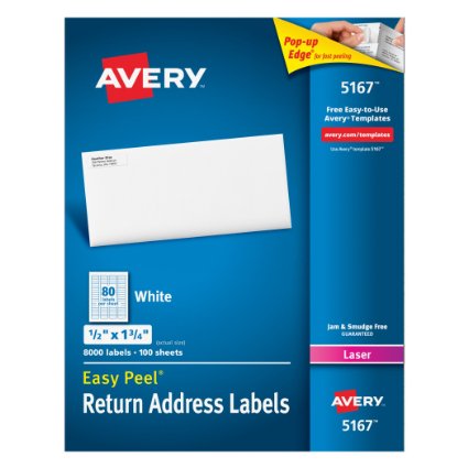 Avery Easy Peel White Return Address Labels for Laser Printers, .5 inches x 1.75 inches, Box of 8000 (5167)