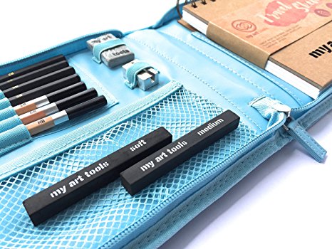 My Art Tools charcoal pencils 10 pcs art case supplies assembled with 220 gsm, 6 x 8 -inch art paper (refillable), graphite pencil and travel art set case (Blue)