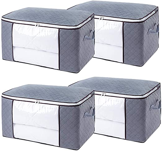 Large Capacity Clothes Foldable Storage Bag Organizers,Waterproof Anti-Mold Moisture Proof,with Clear Window Carry Handles and Sturdy Zipper,for Blanket Comforter Bedding Closet Storage Boxes(4 Packs)