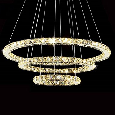 MEEROSEE Modern Crystal Chandeliers D27.6" 19.7" 11.8" LED Pendant Lights Ceiling Fixtures 3 Rings Chandelier Lighting Contemporary for Dining Room Adjustable Stainless Steel Cable
