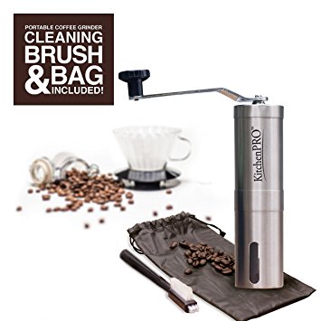 KitchenPRO Portable Manual Coffee Bean Grinder with FREE Bag and Cleaning Brush – Best Burr Coffee Grinder Made with High Quality Stainless Steel Material for Precise Grinding, Aeropress Compatible