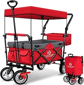 KESSER® Bollerwagen faltbar GT9000 mit Dach Handwagen Transportwagen | inkl. 2X 3-Punkt Gurtsystem| klappbar | Vollgummi-Reifen | bis 80 kg | Vorder- und Hinter-Bremse   Tragetasche, Rot/Grau