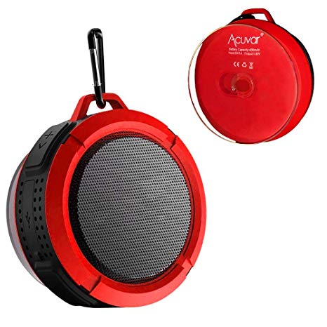 Acuvar Wireless Waterproof Rechargeable Shower Speaker with Suction Cup, Built-in Mic, Media Control Buttons (Redd)