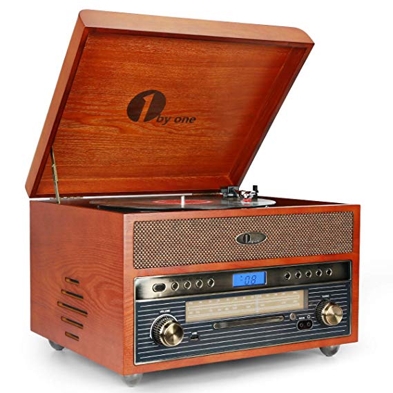 1byone Nostalgic Wooden Turntable Bluetooth Vinyl Record Player with AM/FM, CD, MP3 Recording to USB, AUX Input for Smartphones & Tablets and RCA Output