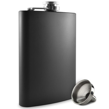Premium 8 oz Black Flask - 304 (18/8) Stainless Steel - Leak Proof - Liquor Hip Flask by Future Hydrate - Includes Free Bonus Funnel and Black Gift Box (Matte Black, 8 ounce capacity)