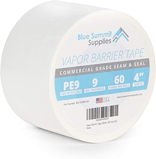 Blue Summit Supplies Vapor Barrier Tape, PE 9mm Polyethylene Tape Sealing Moisture Barrier Seam and Seal Tape for Crawl Space or Marine Use, Waterproof White 9 Mil Poly Tape, 3.78 Inch, 180 Foot Roll