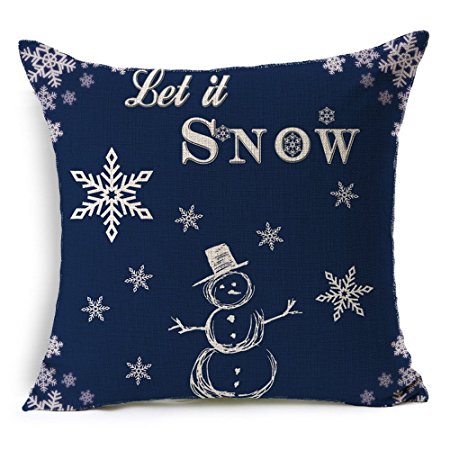 HT&PJ Decorative Cotton Linen Square Throw Pillow Case Cushion Cover Christmas Snowman Blue Design 18 x 18 Inches