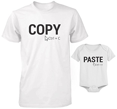 Funny Daddy and Baby Matching T-Shirt and Bodysuit Set - Copy and Paste, Adult (XL)- Baby (6 Months), White