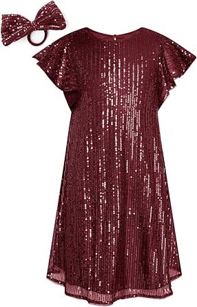 GRACE KARIN Girls Sequin Dress Short Flutter Sleeve Flare Silhouette Midi Dress with Hairbow 5-12Y