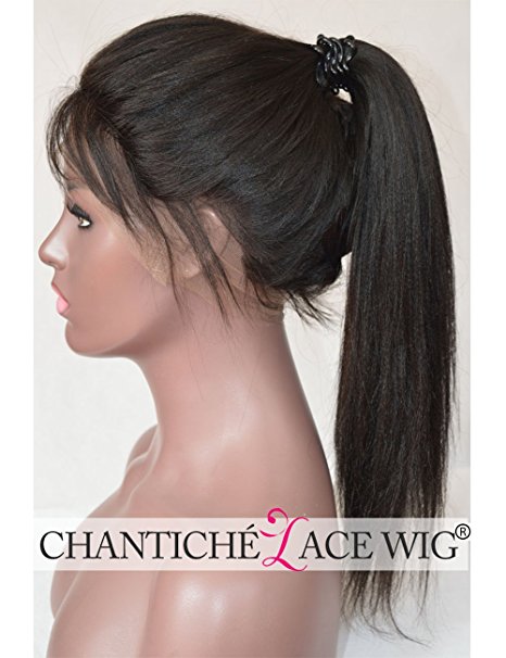 Chantiche 6A Light Yaki Glueless Full Lace Wig Affordable Brazilian Human Hair Wigs For African American Women 130% Density 14inch #1B Medium Size Cap Light Brown Lace Color