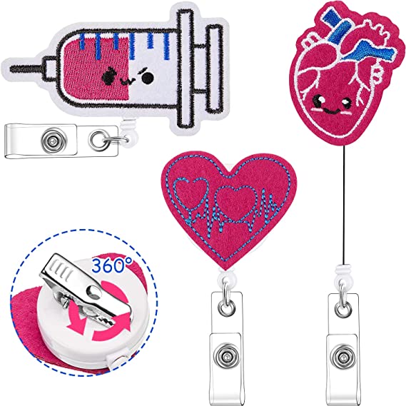 3 Pieces Cute Shape Badge Reel Retractable ID Name Badge Holder with Swivel Clip Felt Badge Reel Nursing Name Badge Reel Holder for Nurse Students (EKG Heart Syringe Style)