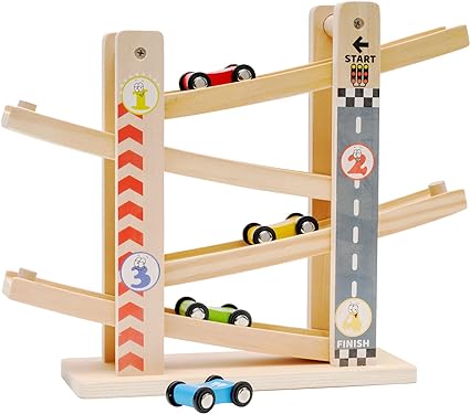 Montessori Toy for 1 2 3 Year Old Boys and Girls, Wooden Car Race Ramp, Race Car Track Toy for Toddlers with 4 Mini Cars, Preschool Wooden Toys for Age 3