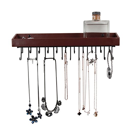 Jack Cube Hanging Jewelry Organizer Necklace Hanger Bracelet Holder Wall Mount Necklace Organizer with 23 Hooks(Brown) - MK208B (14.37 x 2.95 x 3.86 inches)
